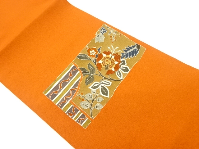 JAPANESE KIMONO / HIRAKI NAGOYA OBI / SILK / CHIRIMEN / KINSAI / EMBDROIDERY / FLORAL ARABESQUE & STRIPE